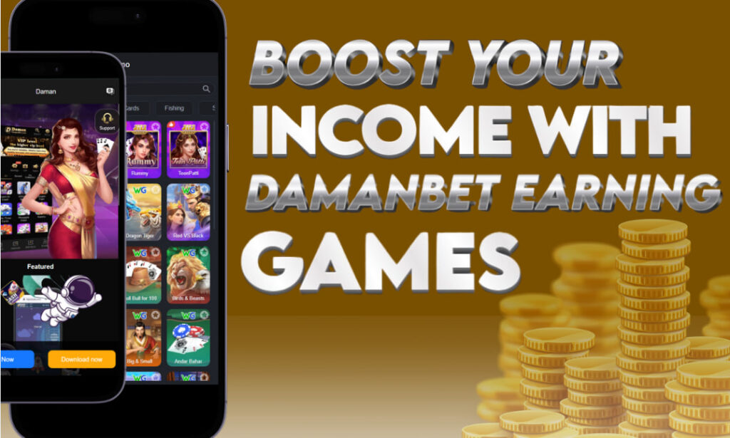 A picture of two cellphones showing what the DamanBet app offers and why it is one of the real money earning games.