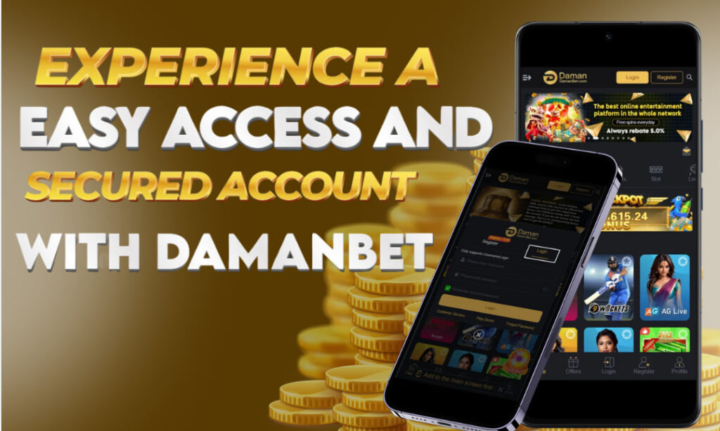 A picture of a cellphone and many coins showing the secured and easy access to a Damanbet account for its players.